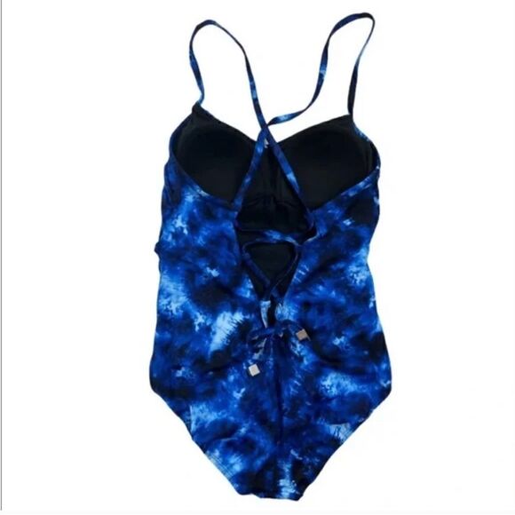 New! Target Aqua Green Women's Shirred Strappy Back One Piece Swim Blue Tie Dye - Picture 5 of 11